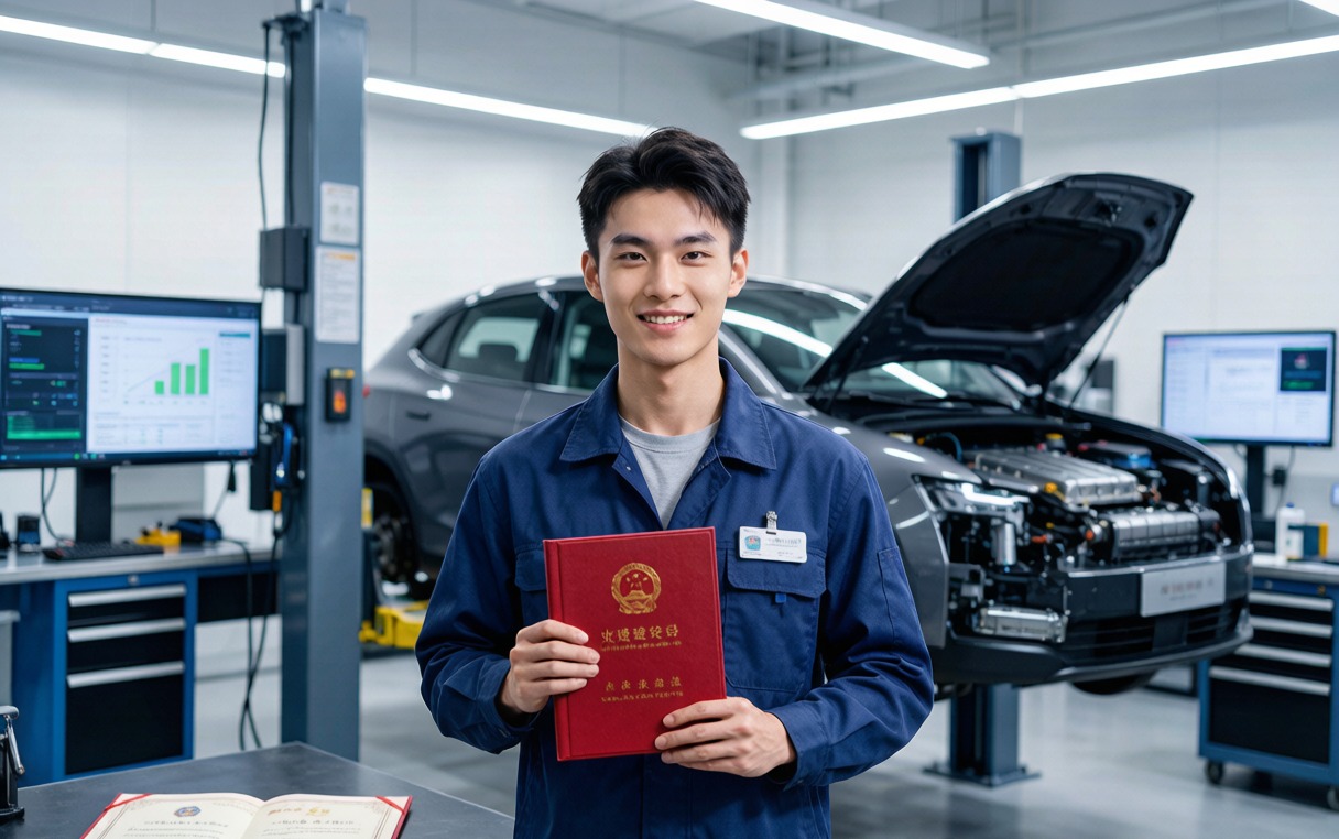 资格认证服务场景：学员在现代新能源维修厂手持证书